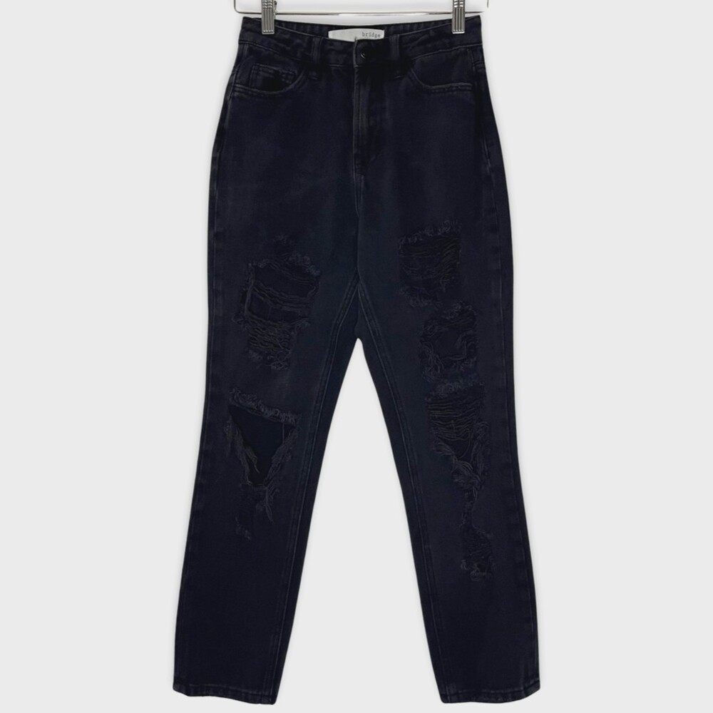 Bridge by Gly Womens Jeans 23 Black Mom High Rise Button Fly Distressed Ripped